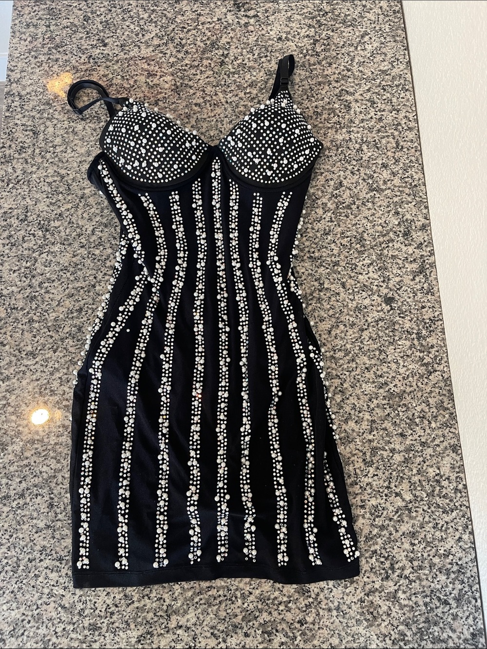Aria Black Mini Dress with Silver Rhinestone Stripes